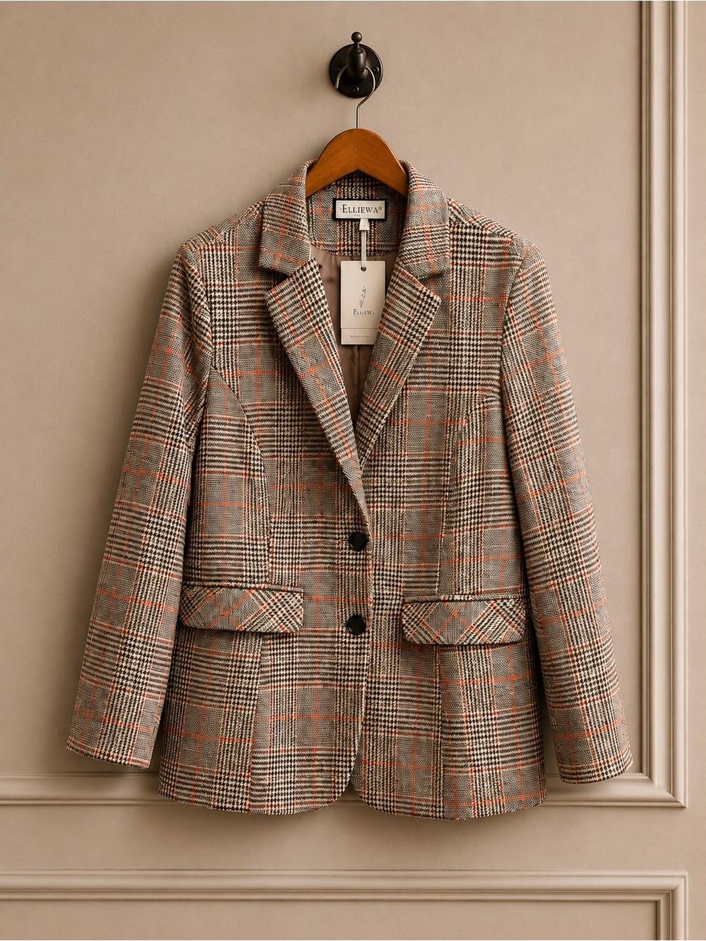 Elleven Women's Plaid Blazer Jacket in Brown with Orange Windowpane